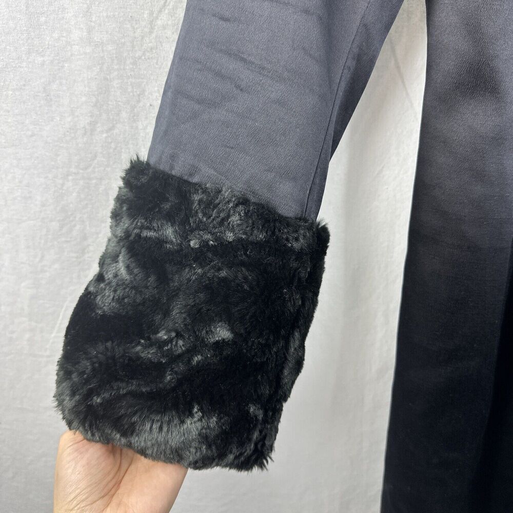 Hype Vintage Faux Fur Sequin Trim Black Silk Goth Evening Long Jacket Womens 8 - Picture 7 of 15